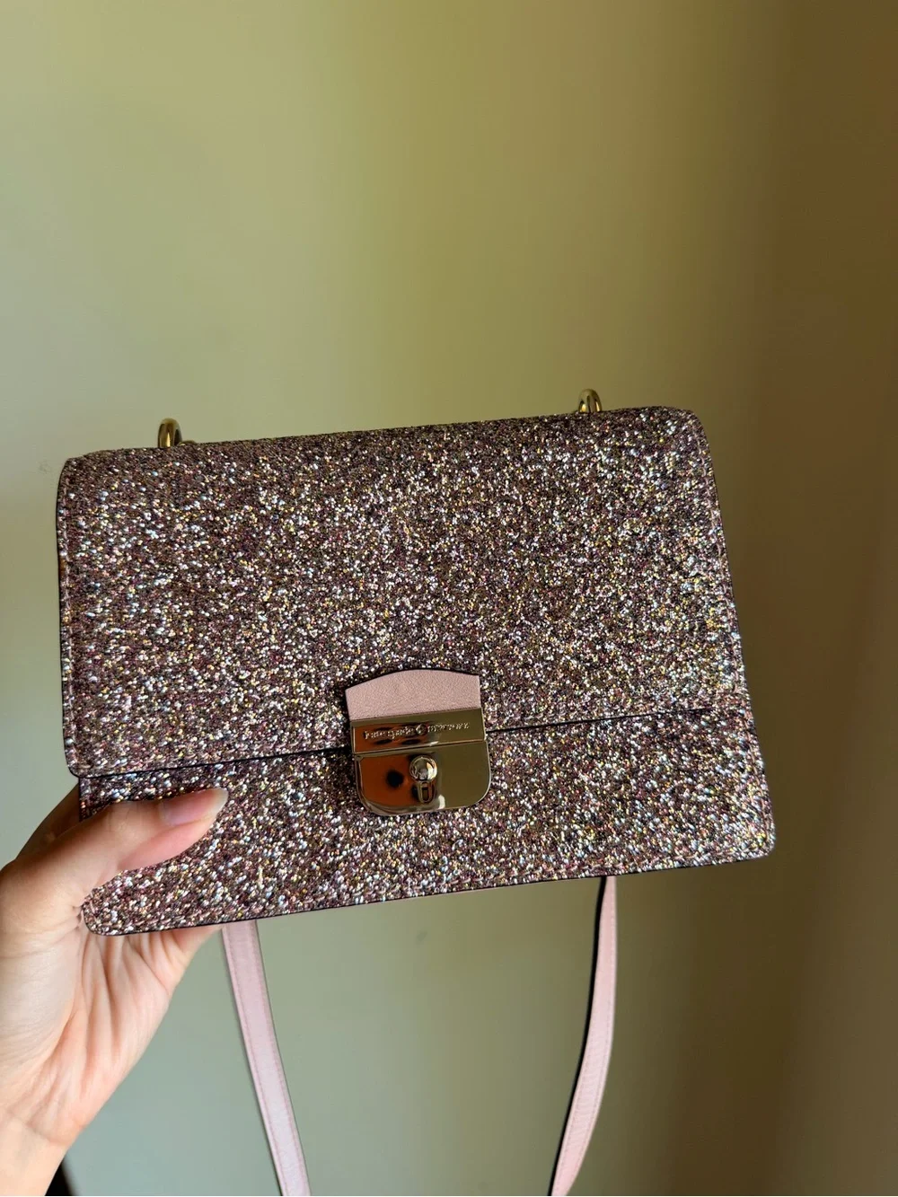 Kate Spade Sunset Lane Eden rose gold glitter crossbody bag NWOT